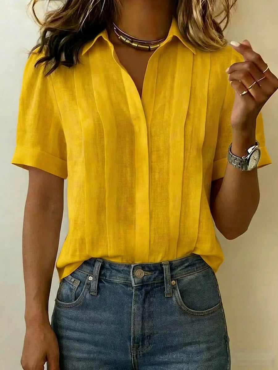 Clearance Sale🔥 Women's Lapel Short-sleeved Casual Loose Pleated Cotton And Linen Shirt