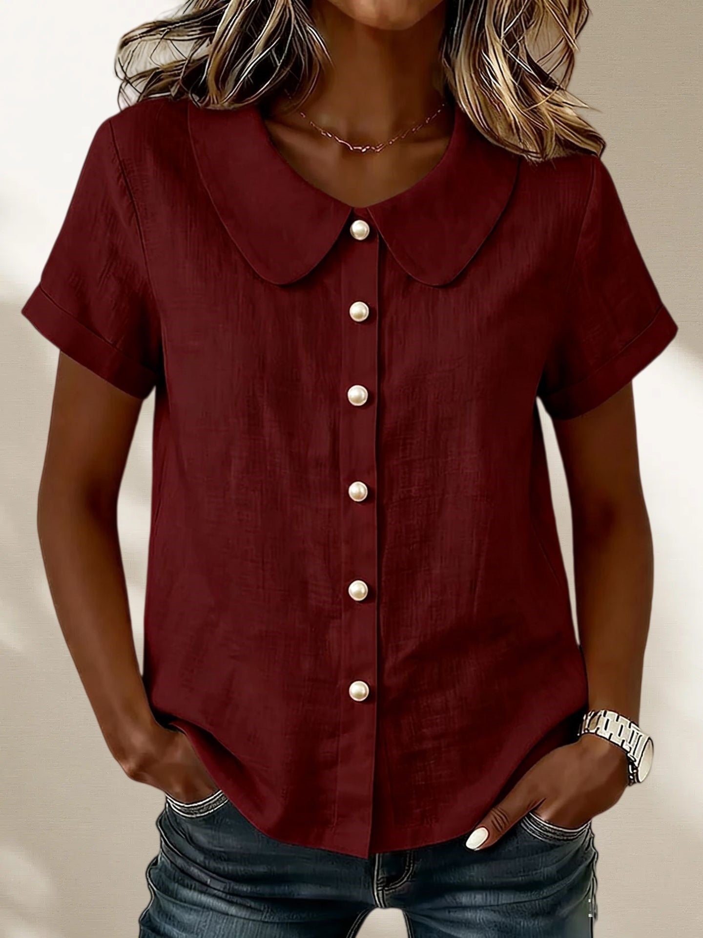 New Arrivals🔥Women's Peter Pan Collar Casual Button-up Cotton Linen Top