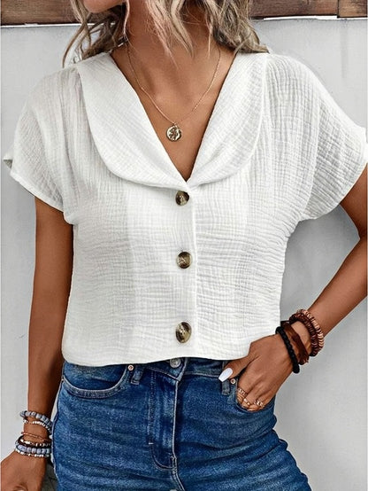 New Arrivals🔥 Women's Peter Pan Collar V-neck Short-sleeved Button-up Cotton-linen Top