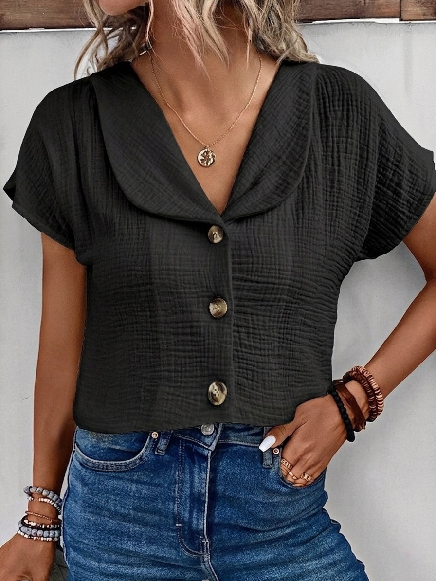 New Arrivals🔥 Women's Peter Pan Collar V-neck Short-sleeved Button-up Cotton-linen Top
