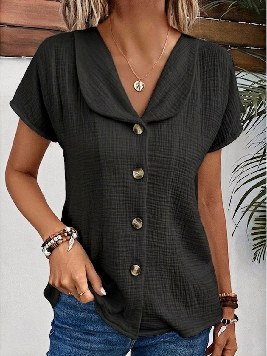 New Arrivals🔥 Women's Peter Pan Collar V-neck Short-sleeved Button-up Cotton-linen Top