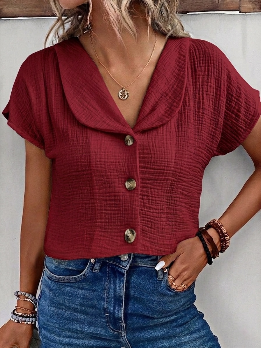 New Arrivals🔥 Women's Peter Pan Collar V-neck Short-sleeved Button-up Cotton-linen Top