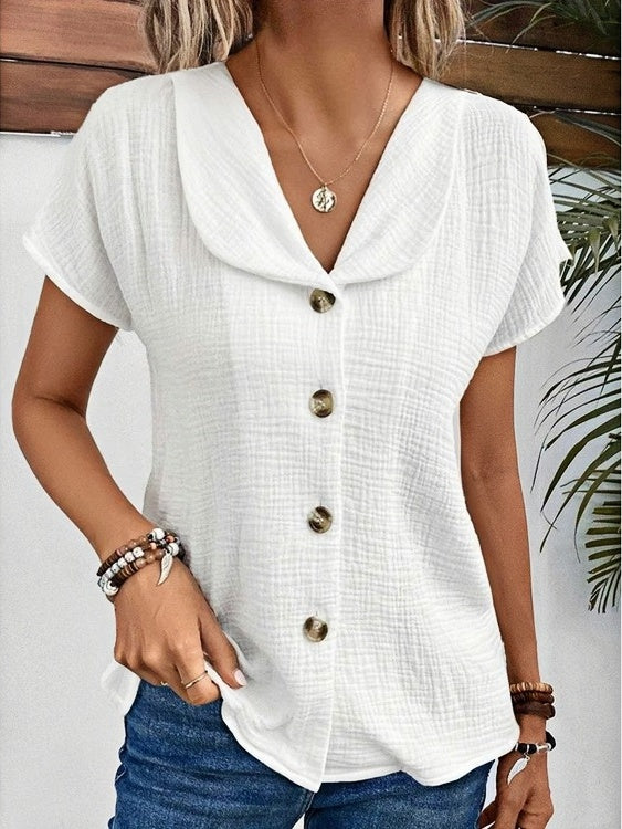 New Arrivals🔥 Women's Peter Pan Collar V-neck Short-sleeved Button-up Cotton-linen Top