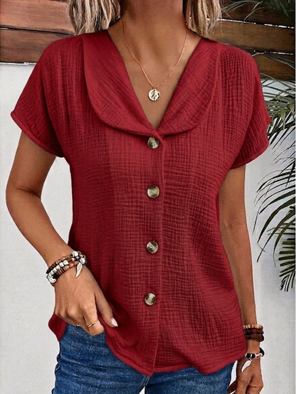 New Arrivals🔥 Women's Peter Pan Collar V-neck Short-sleeved Button-up Cotton-linen Top