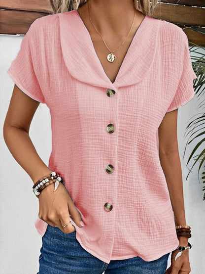 New Arrivals🔥 Women's Peter Pan Collar V-neck Short-sleeved Button-up Cotton-linen Top