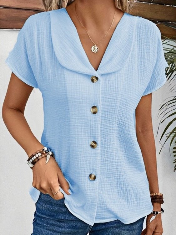 New Arrivals🔥 Women's Peter Pan Collar V-neck Short-sleeved Button-up Cotton-linen Top