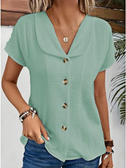 New Arrivals🔥 Women's Peter Pan Collar V-neck Short-sleeved Button-up Cotton-linen Top