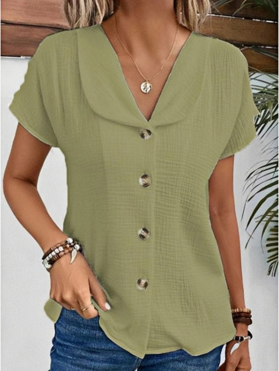 New Arrivals🔥 Women's Peter Pan Collar V-neck Short-sleeved Button-up Cotton-linen Top