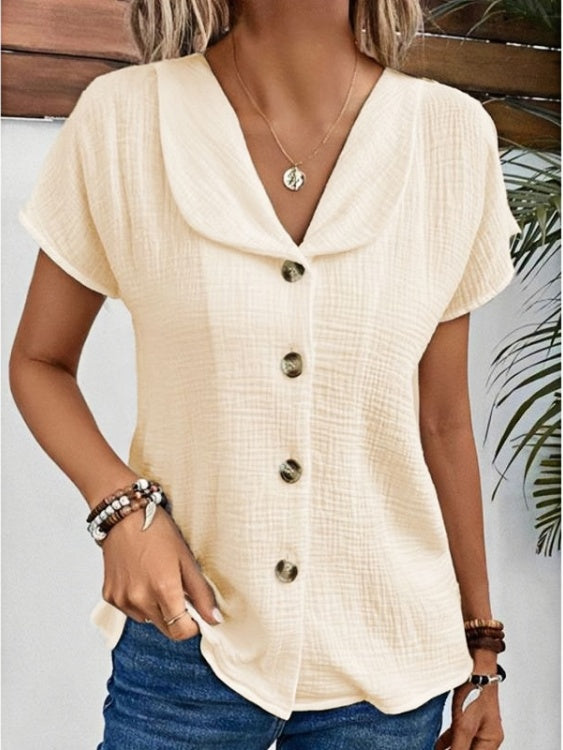 New Arrivals🔥 Women's Peter Pan Collar V-neck Short-sleeved Button-up Cotton-linen Top