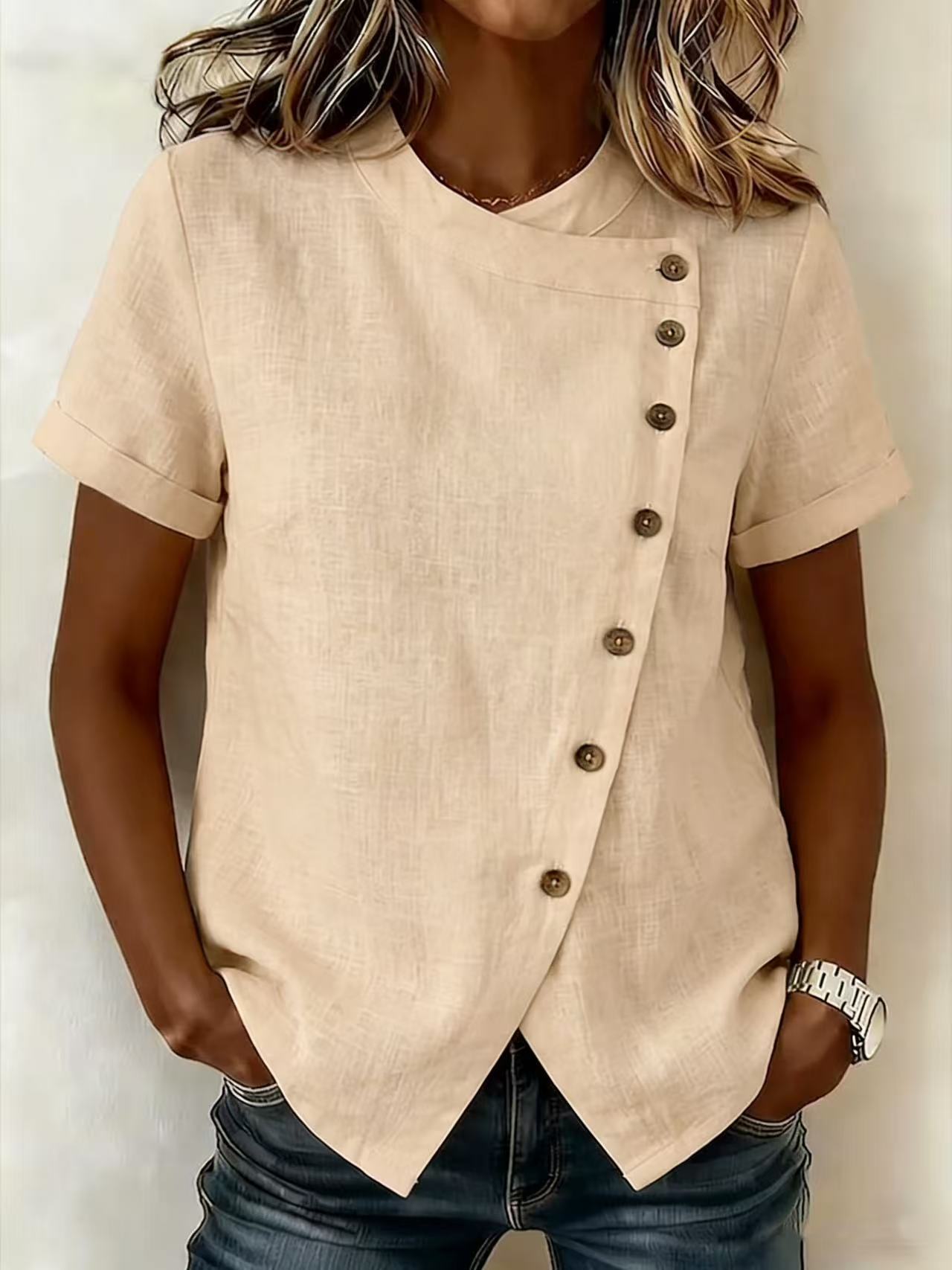 New Arrivals🔥Women's Casual Side Button-up Cotton Linen Top
