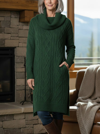 New Arrivals🔥 Legant Cowl Neck Long Sweater Dress - Flattering Cable Knit Winter Tunic With Side Slits & Pockets