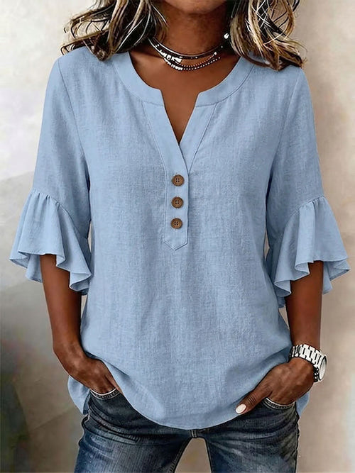 🔥CLEARANCE SALE🔥Women's Solid-color V-neck 3/4-sleeve Casual Loose Cotton-linen Top