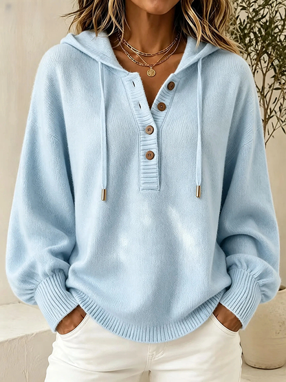 Women's Hooded Knit Sweater – Button Detail Soft Pullover Casual Jumper