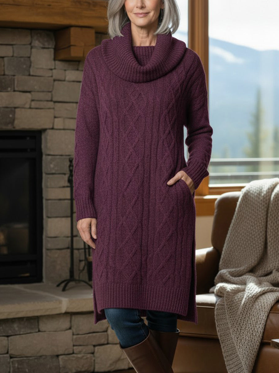 New Arrivals🔥 Legant Cowl Neck Long Sweater Dress - Flattering Cable Knit Winter Tunic With Side Slits & Pockets