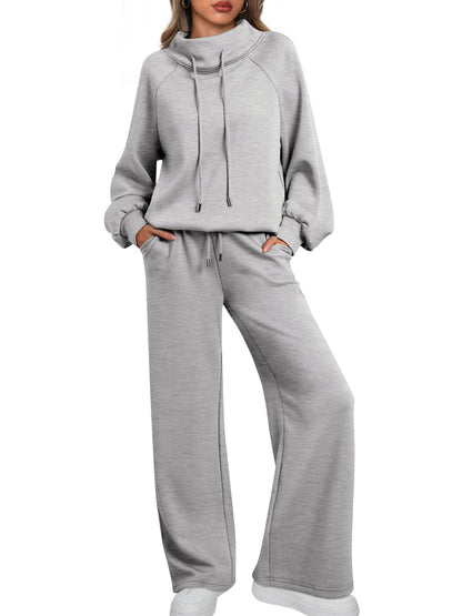 🎄Christmas Sale🔥 Women's Oversized Two-Piece Round Neck Drawstring Sweatshirt Wide Leg Sweatpants Casual Suit