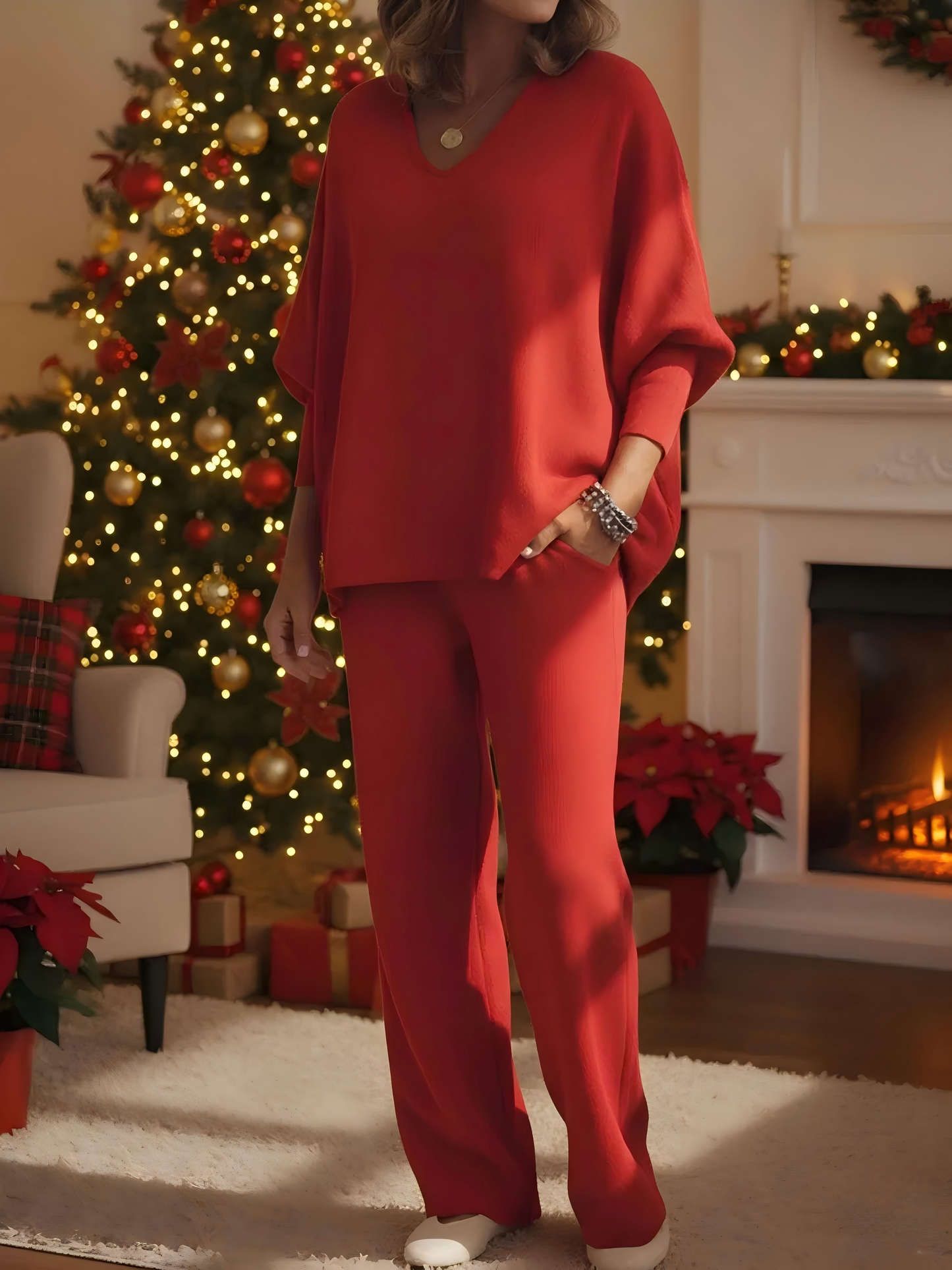 CLEARANCE SALE🔥 Women's Cozy Solid Color V-neck Knit Top And Pants Two-piece Set