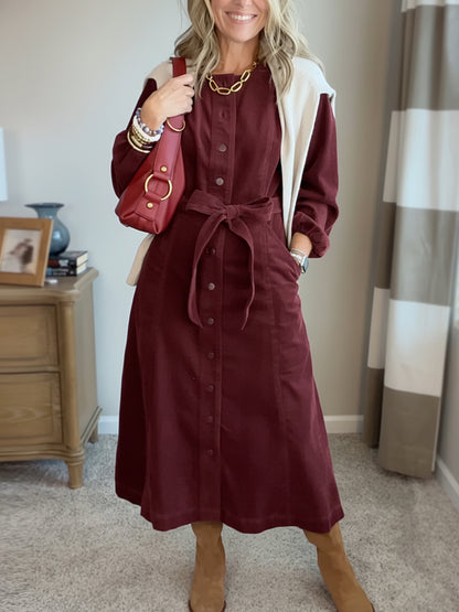 New Arrival🔥 Corduroy Shirt Dress with Tie Belt