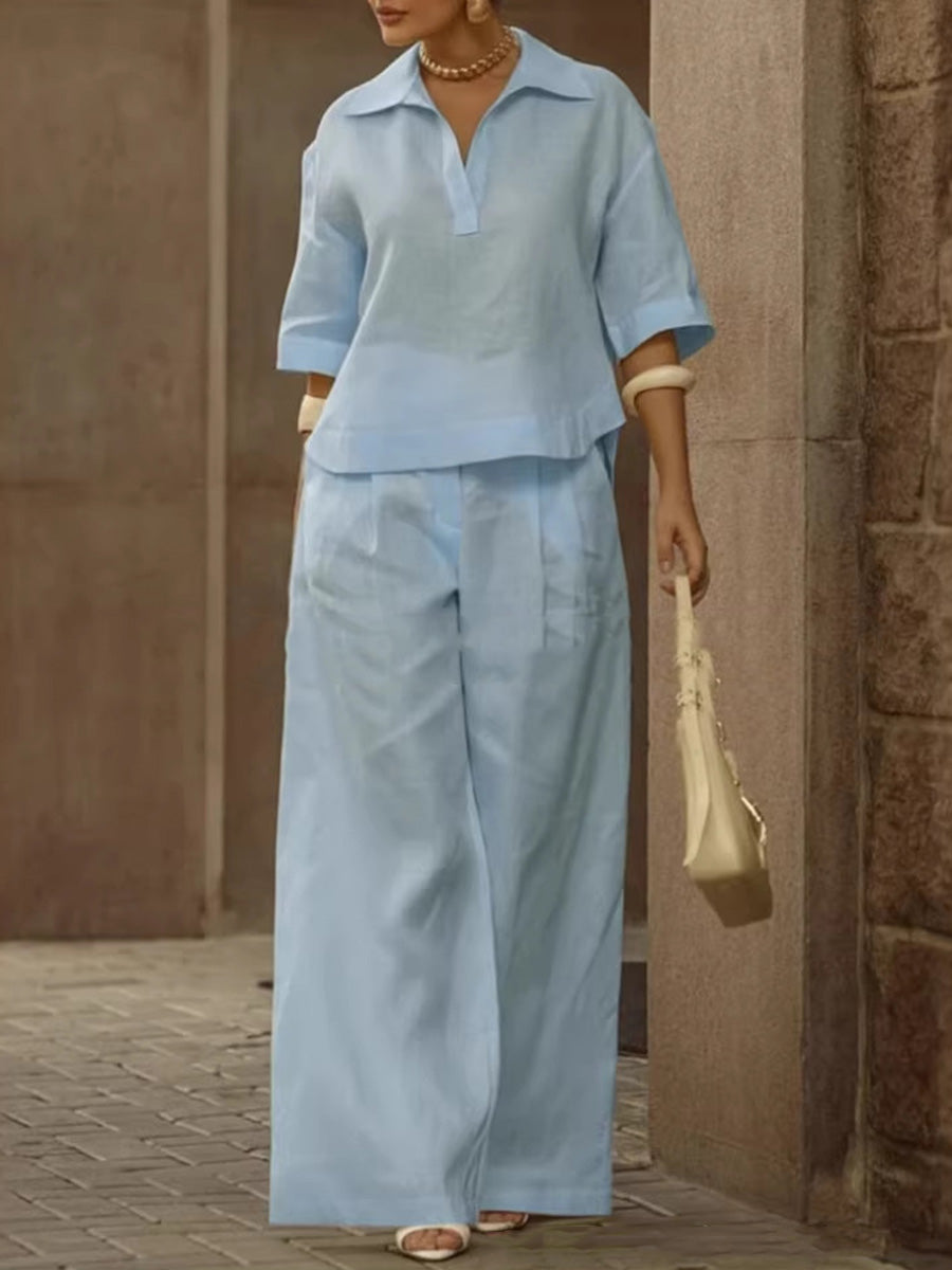 🎁New Arrivals🔥Solid Color Cotton And Linen Half Sleeves Lapel Blouses High Waisted Pants Two Pieces Set