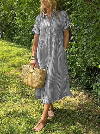 NEW🔥 Striped Lapel Button Down Shirt Dress