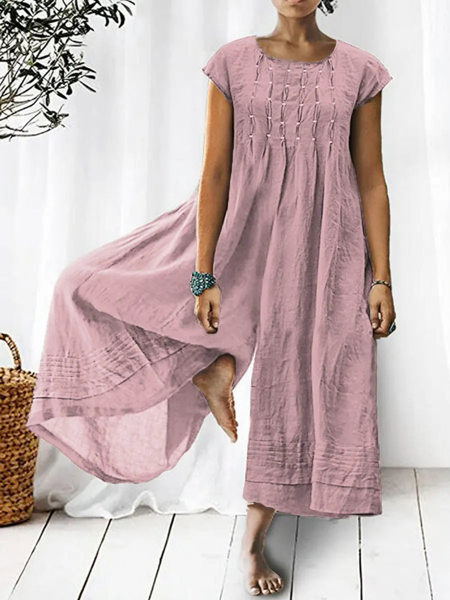💝💝Women's Solid Color Art Casual Short Sleeve Cotton Linen Jumpsuit