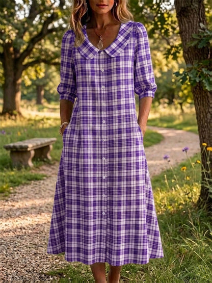 New Arrivals🔥 Women's Retro Peter Pan Collar Stripe Print Cotton Linen Dress