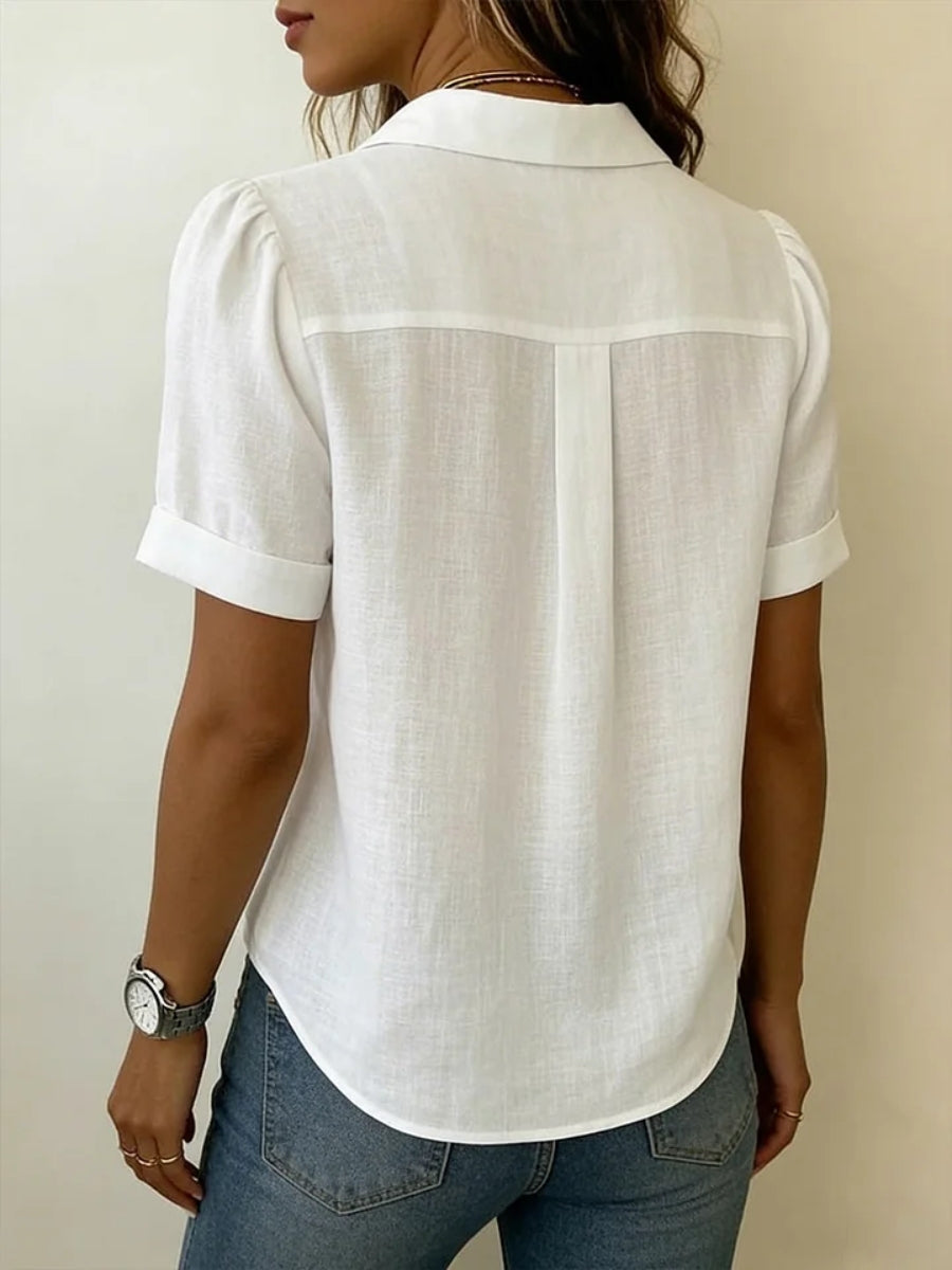 Clearance Sale🔥 Women's Lapel Short-sleeved Casual Loose Pleated Cotton And Linen Shirt