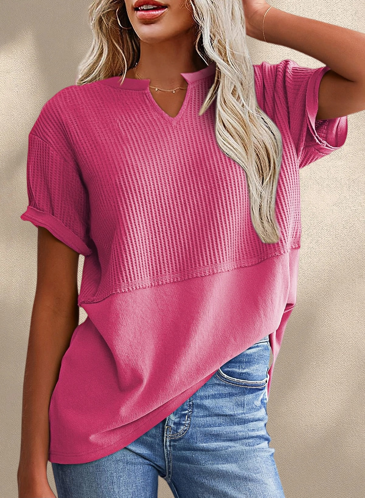 New Arrivals🔥Women's V-neck Casual Waffle Knit Loose Patchwork Top