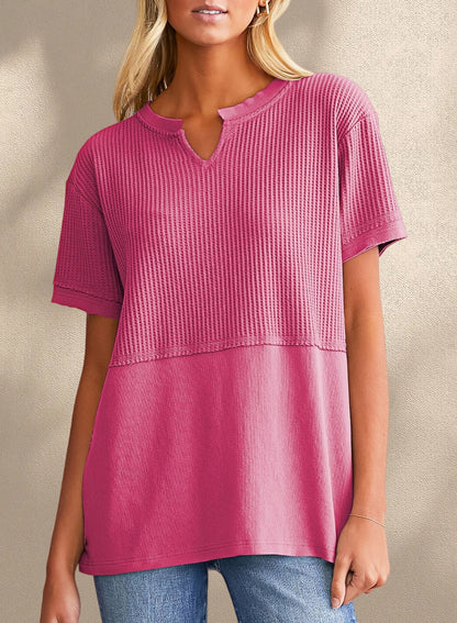 New Arrivals🔥Women's V-neck Casual Waffle Knit Loose Patchwork Top