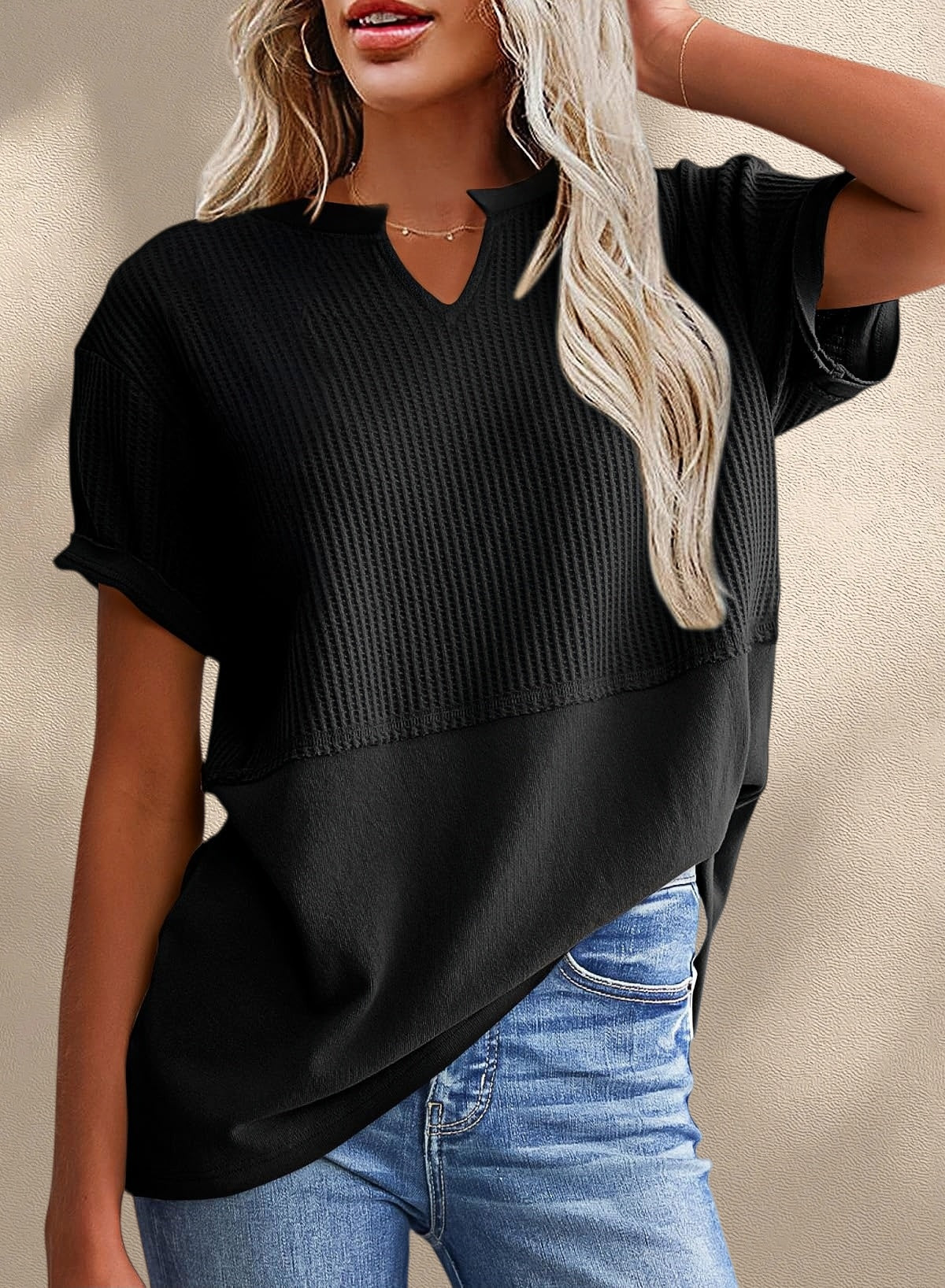New Arrivals🔥Women's V-neck Casual Waffle Knit Loose Patchwork Top