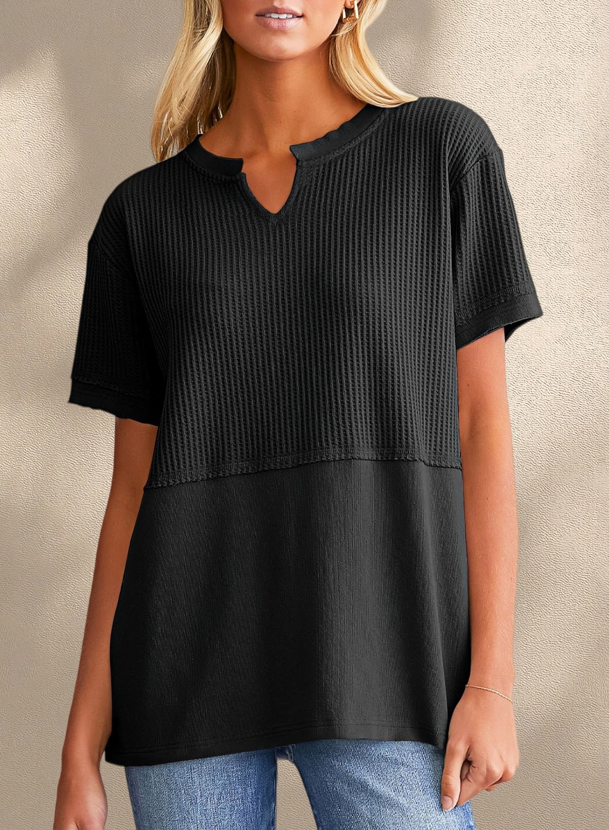 New Arrivals🔥Women's V-neck Casual Waffle Knit Loose Patchwork Top