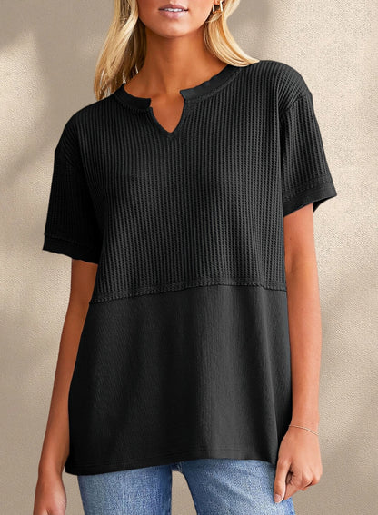 New Arrivals🔥Women's V-neck Casual Waffle Knit Loose Patchwork Top