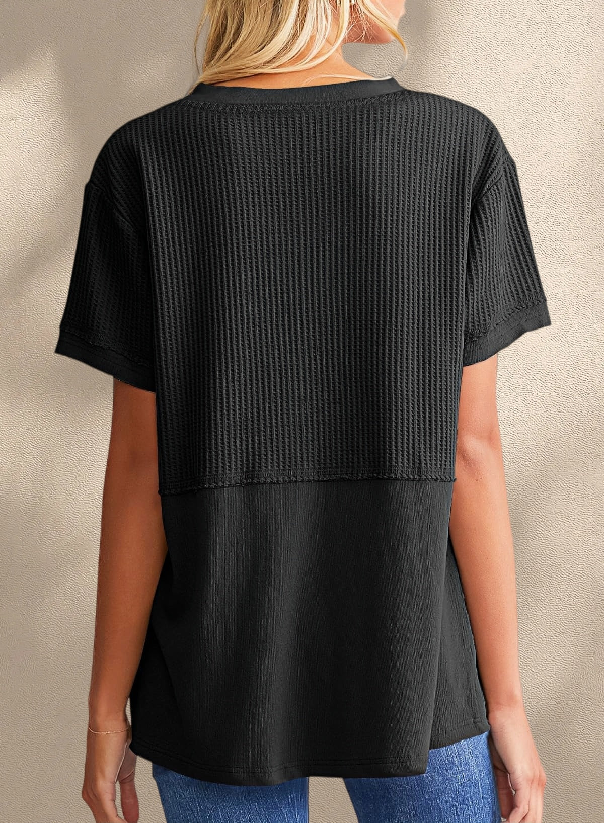 New Arrivals🔥Women's V-neck Casual Waffle Knit Loose Patchwork Top