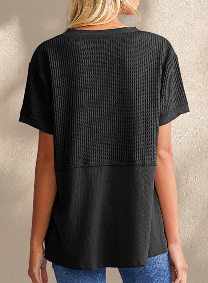 New Arrivals🔥Women's V-neck Casual Waffle Knit Loose Patchwork Top
