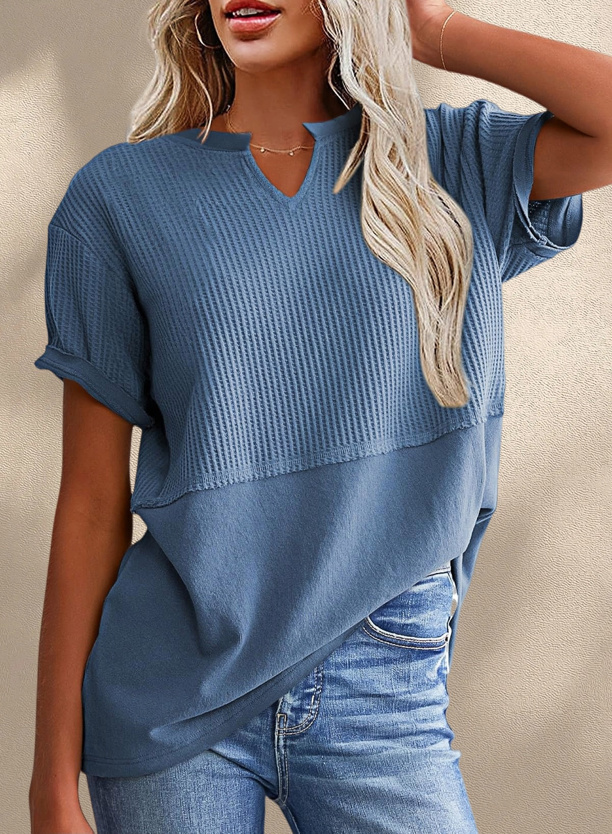 New Arrivals🔥Women's V-neck Casual Waffle Knit Loose Patchwork Top