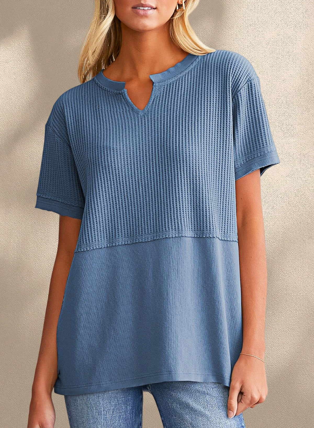 New Arrivals🔥Women's V-neck Casual Waffle Knit Loose Patchwork Top