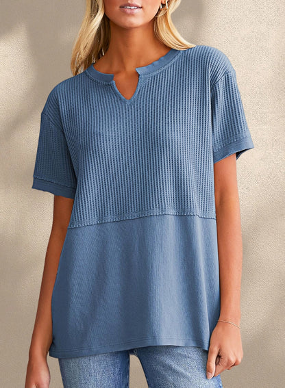 New Arrivals🔥Women's V-neck Casual Waffle Knit Loose Patchwork Top
