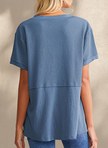 New Arrivals🔥Women's V-neck Casual Waffle Knit Loose Patchwork Top