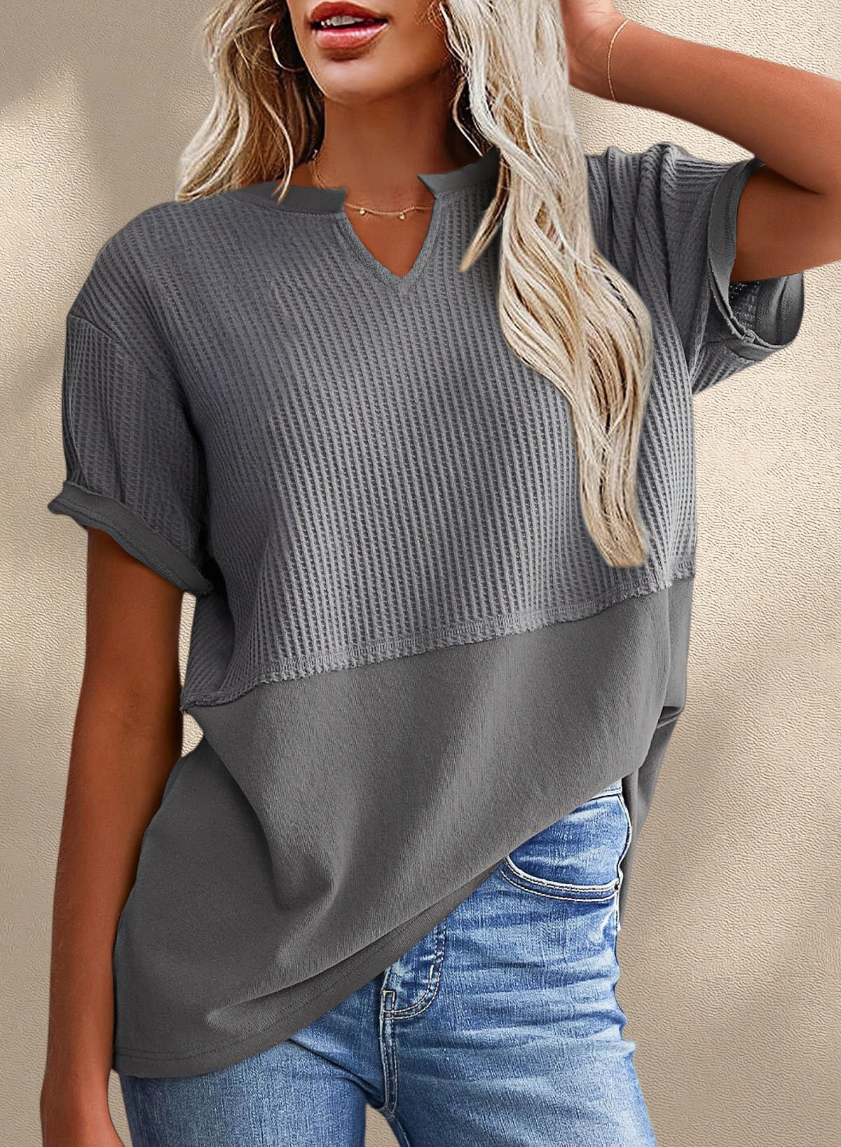 New Arrivals🔥Women's V-neck Casual Waffle Knit Loose Patchwork Top