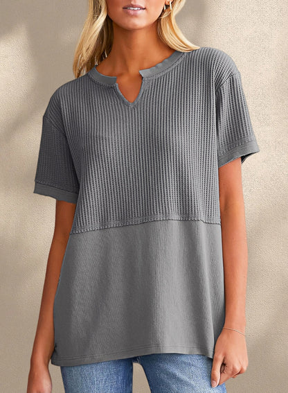New Arrivals🔥Women's V-neck Casual Waffle Knit Loose Patchwork Top