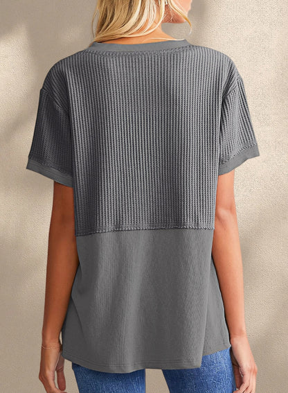 New Arrivals🔥Women's V-neck Casual Waffle Knit Loose Patchwork Top