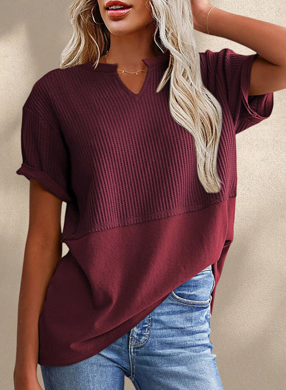New Arrivals🔥Women's V-neck Casual Waffle Knit Loose Patchwork Top
