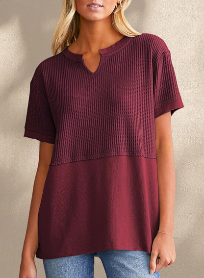 New Arrivals🔥Women's V-neck Casual Waffle Knit Loose Patchwork Top