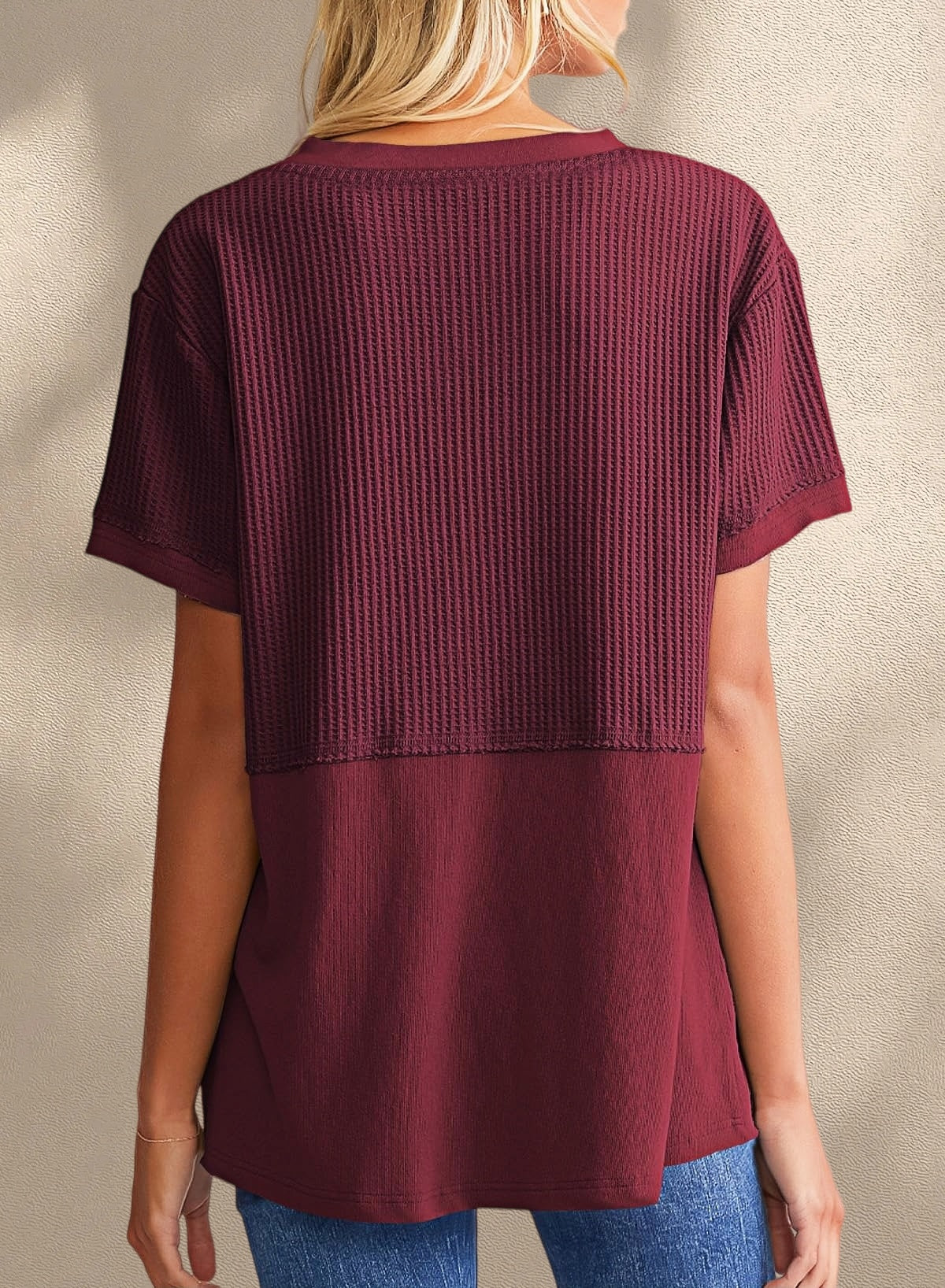 New Arrivals🔥Women's V-neck Casual Waffle Knit Loose Patchwork Top