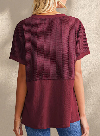 New Arrivals🔥Women's V-neck Casual Waffle Knit Loose Patchwork Top