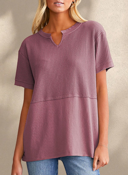 New Arrivals🔥Women's V-neck Casual Waffle Knit Loose Patchwork Top