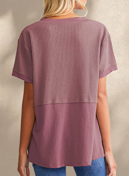 New Arrivals🔥Women's V-neck Casual Waffle Knit Loose Patchwork Top