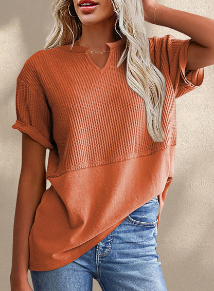 New Arrivals🔥Women's V-neck Casual Waffle Knit Loose Patchwork Top