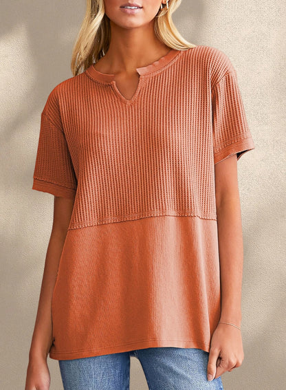New Arrivals🔥Women's V-neck Casual Waffle Knit Loose Patchwork Top