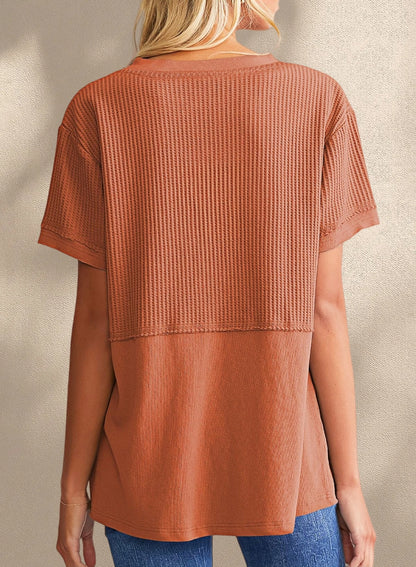 New Arrivals🔥Women's V-neck Casual Waffle Knit Loose Patchwork Top