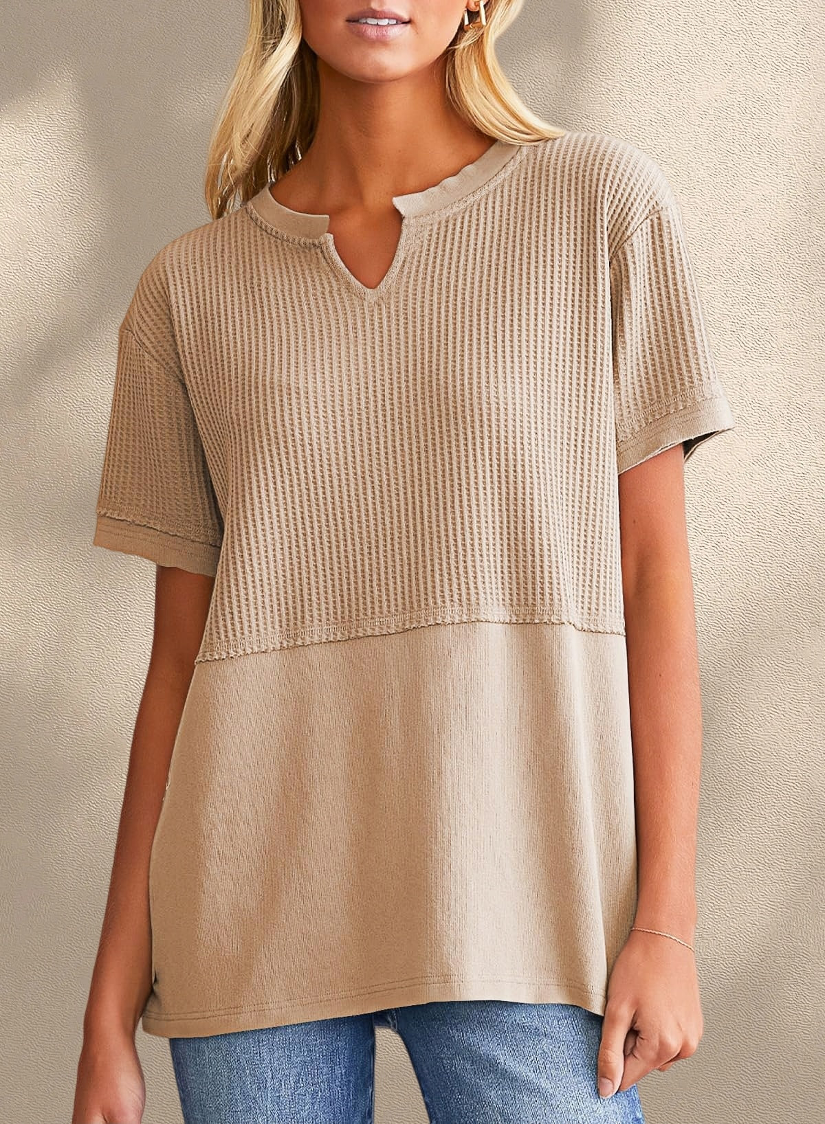 New Arrivals🔥Women's V-neck Casual Waffle Knit Loose Patchwork Top